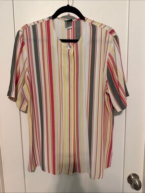 Vintage 80s 90s Retro Vertical Multi-Stripe Short Sleeve Button-Down Shirt